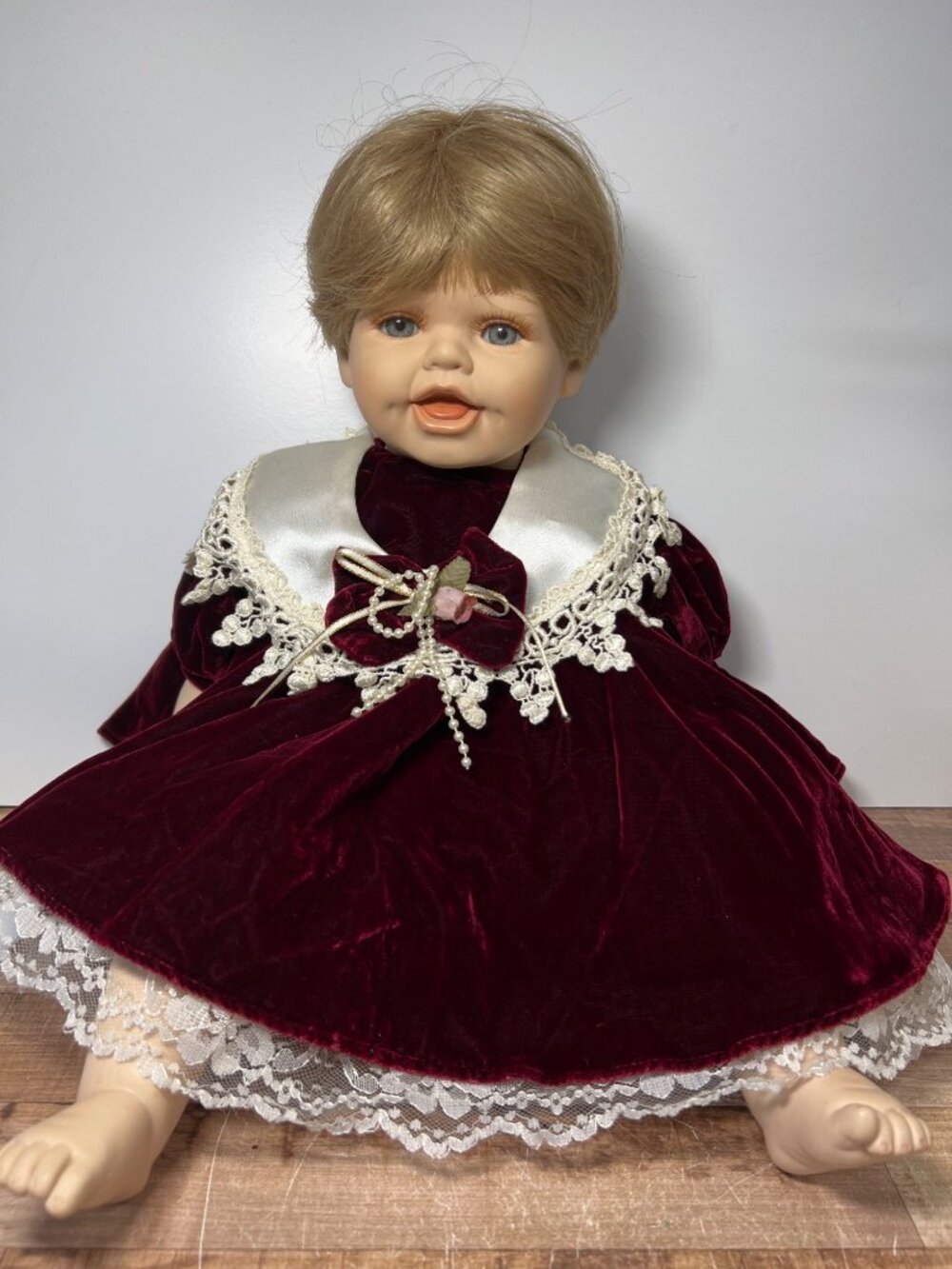RARE My Way Babies In Velvet Burgundy Dress Lace Trim And Blonde Hair Soft Vinyl